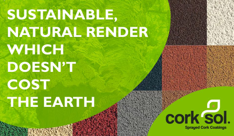 CorkSol — sustainable, natural render which doesn't cost the earth. Cork render shown in a dozen colours and textures.