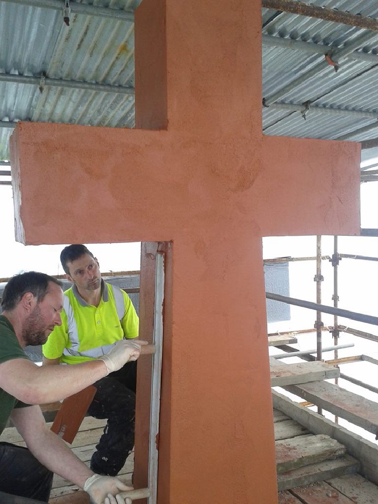 Setting out the shaft under the cross, with mesh and bead in place ready for render