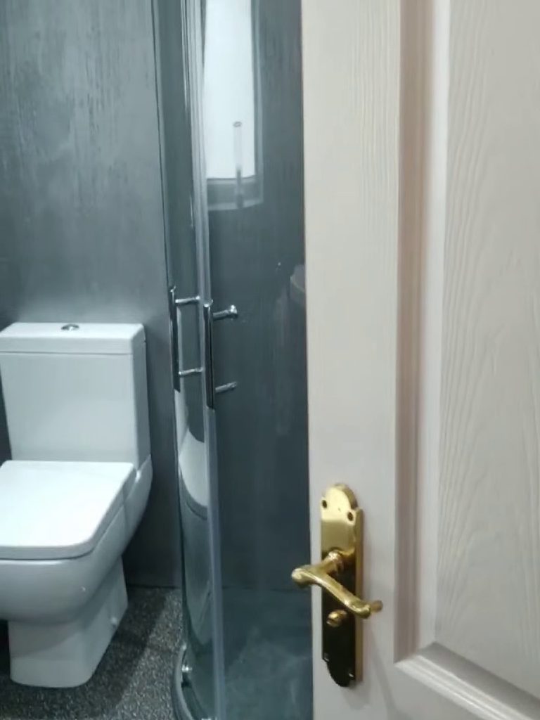 The room from the doorway, WC and shower enclosure with the quartz floor running through