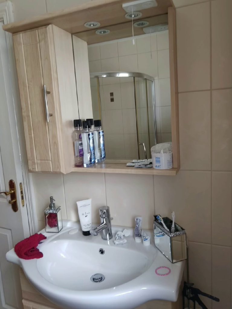 The old basin and mirrored wall cabinet against the cream tiles
