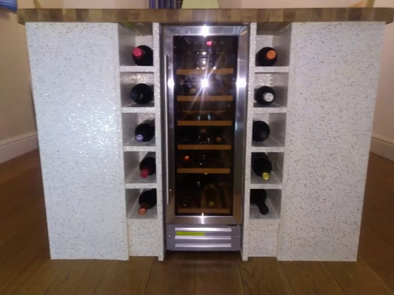 Close view of the glitter finish across the island panels and rack cubbies