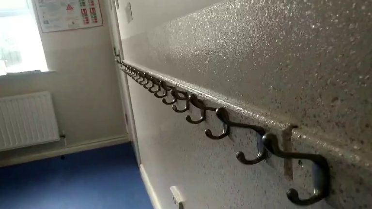 Daylight across the glittered wall and the run of hooks