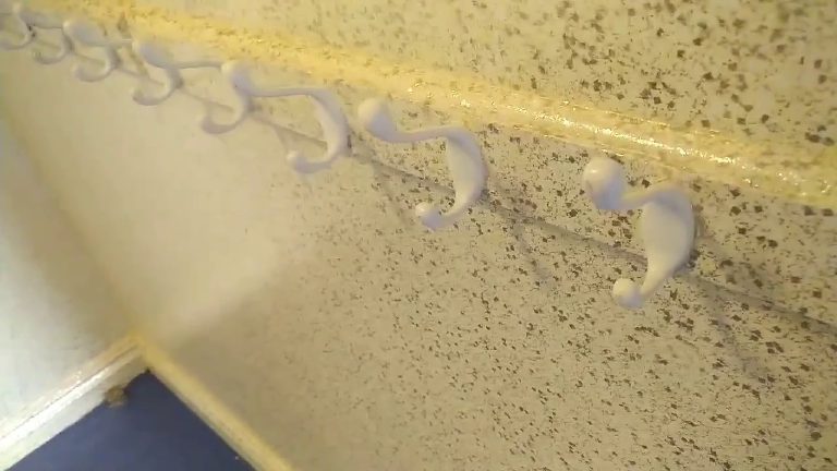White moulded coat hooks against the glittered wall