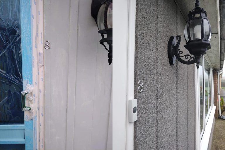 Before: the door surround masked with tape and film. After: rendered, with the lantern refitted