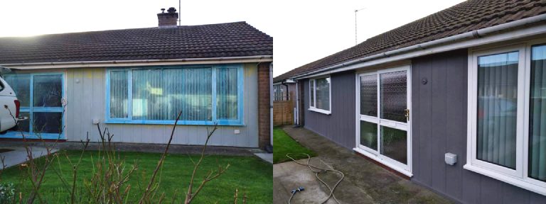 Before: pale painted tin cladding with the windows masked up. After: grey cork render