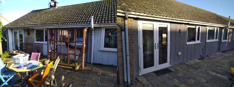 Before: the rear of the bungalow in old painted cladding. After: fully rendered