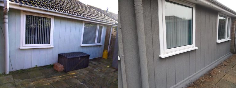 Before: the side wall in pale blue painted cladding. After: the same wall in grey cork render