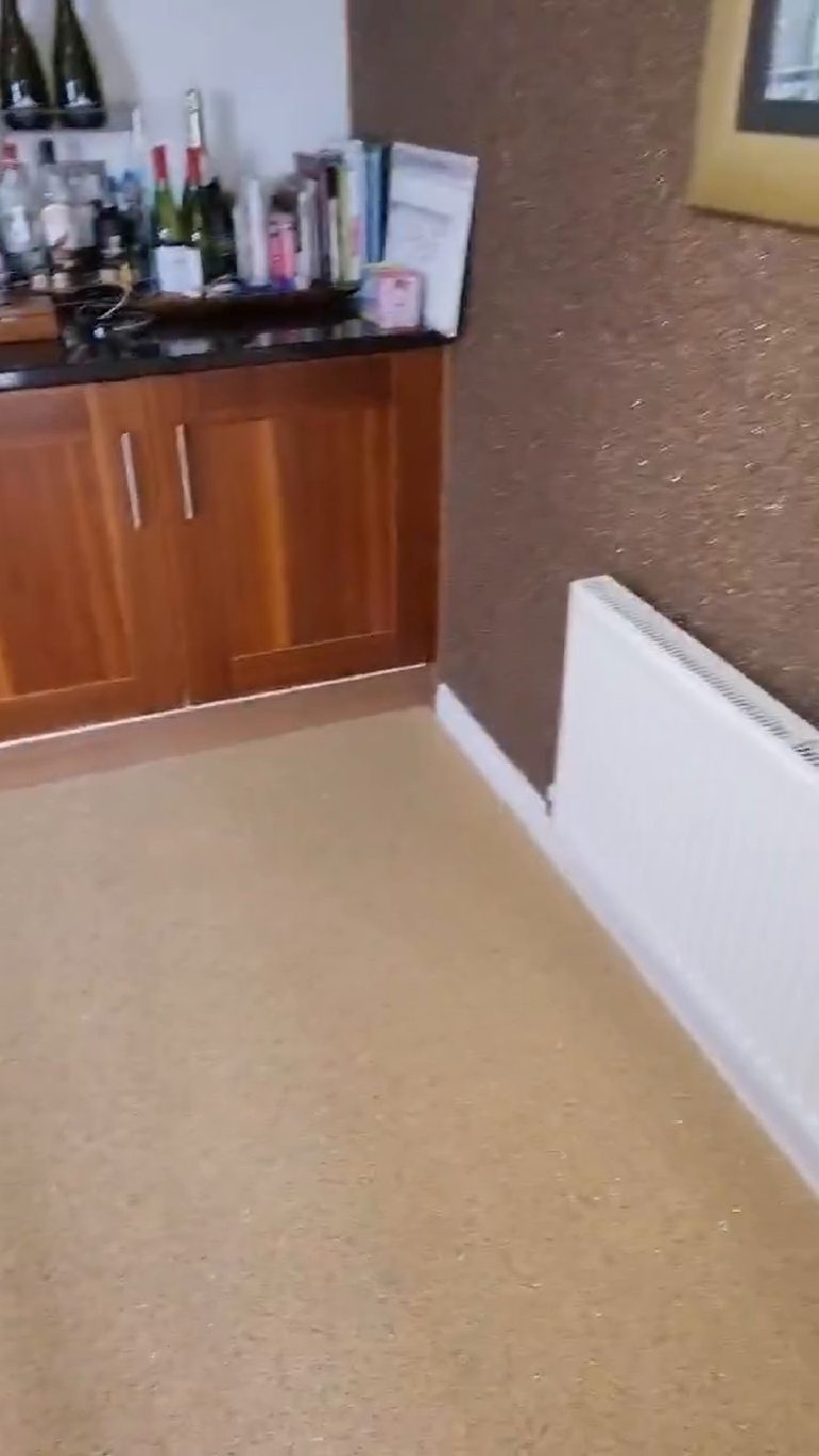 The bottom of the feature wall behind the radiator, dark quartz above the skirting and the sand-coloured floor in front of it