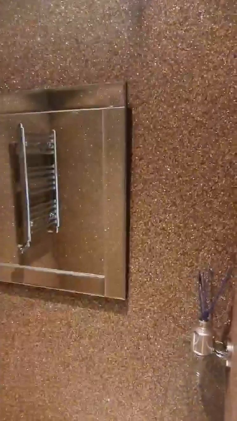 The W.C. mirror hung on the bronze Crystal Quartz wall, the towel rail reflected in it