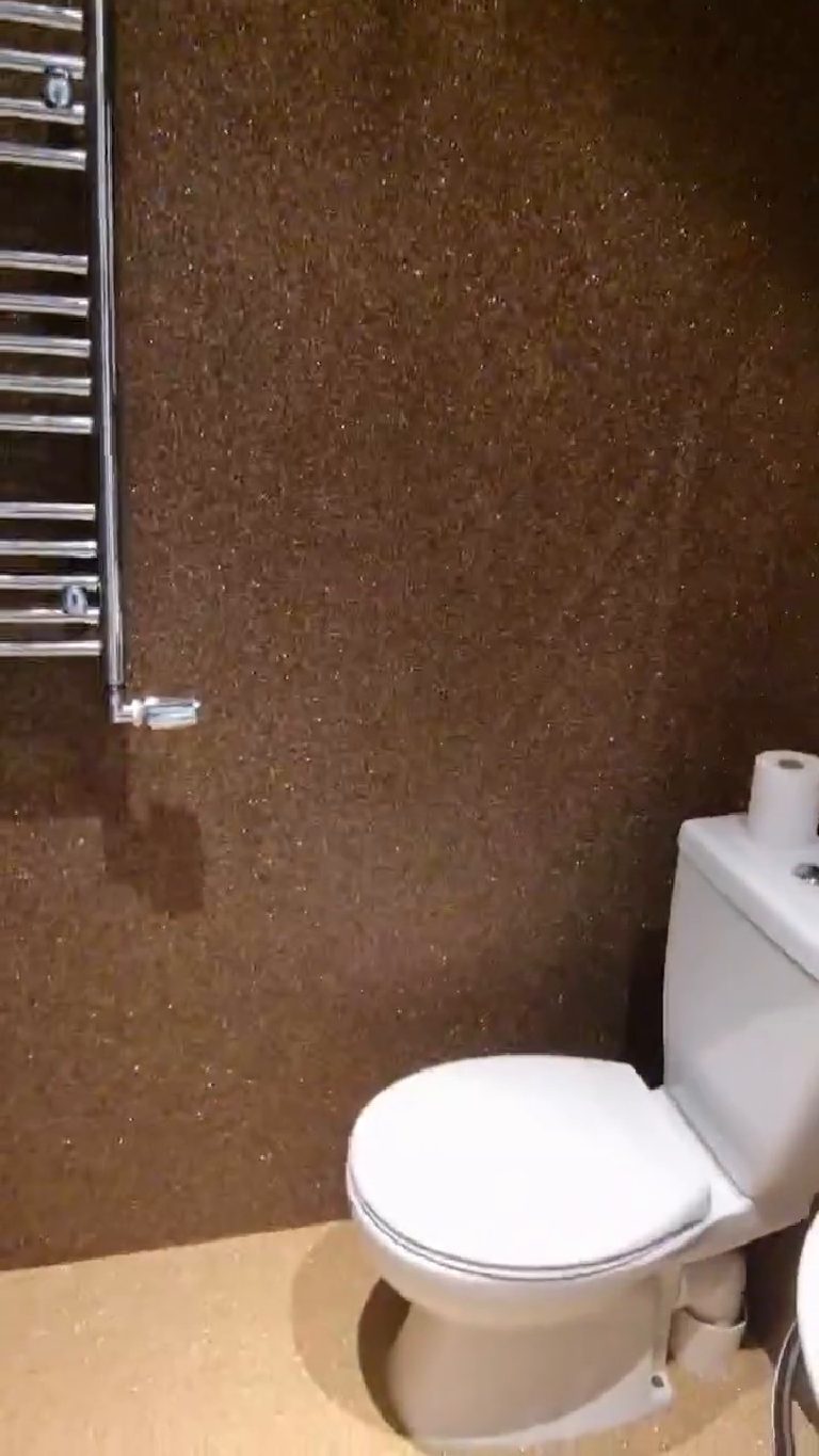 The W.C. with the towel rail on the bronze quartz wall and the pale quartz floor beneath