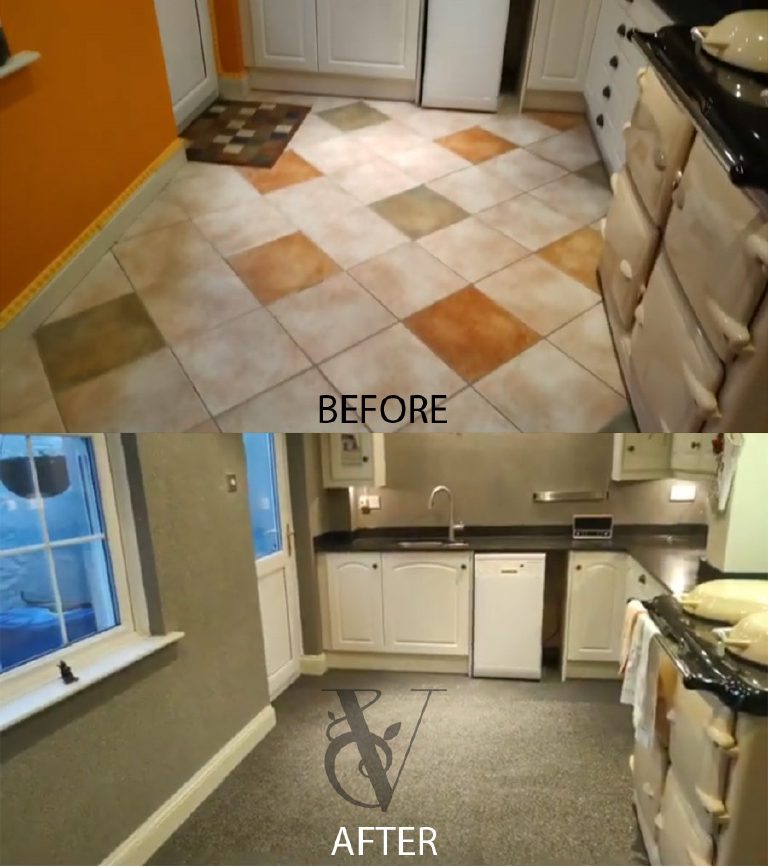 Before: a large tiled kitchen floor. After: the same floor in a seamless stone finish
