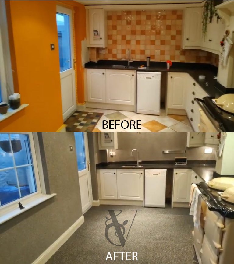 Before: orange walls and a terracotta chequer tiled splashback. After: a seamless stone finish