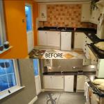 The same kitchen before and after — orange walls and terracotta tiles above, seamless stone finish below