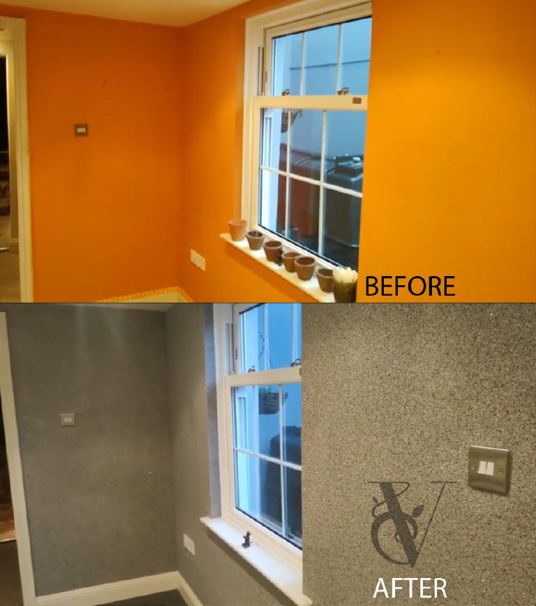 Before: the window wall painted orange. After: the same wall in Crystal Quartz