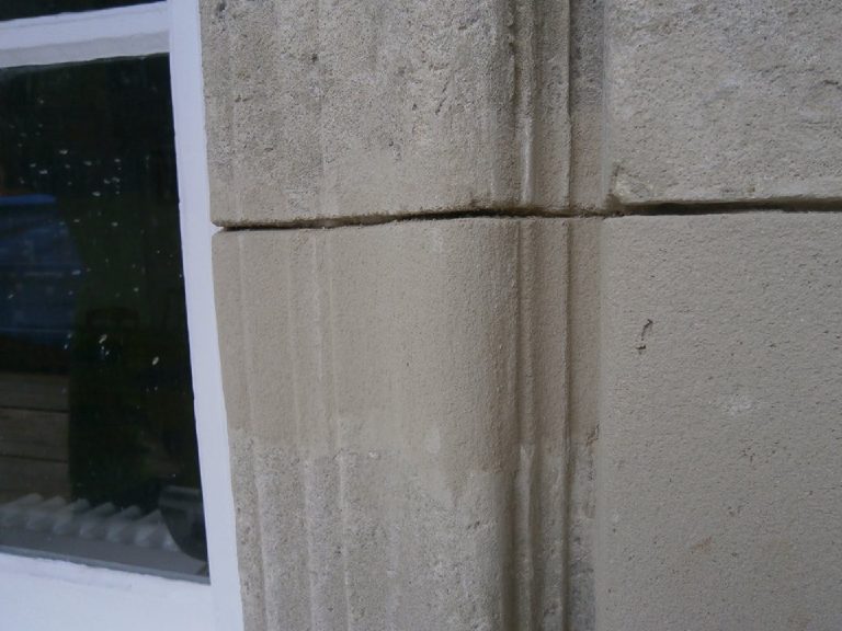 Restored fluted sandstone window surround at Douglas Town Hall