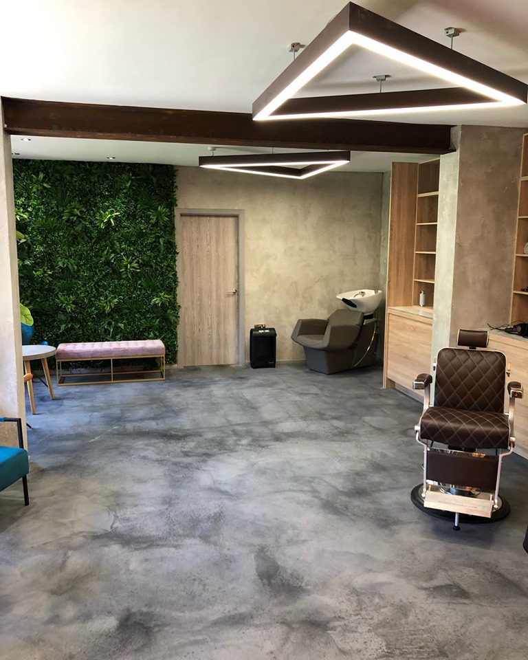 The salon looking towards the moss wall and washing station