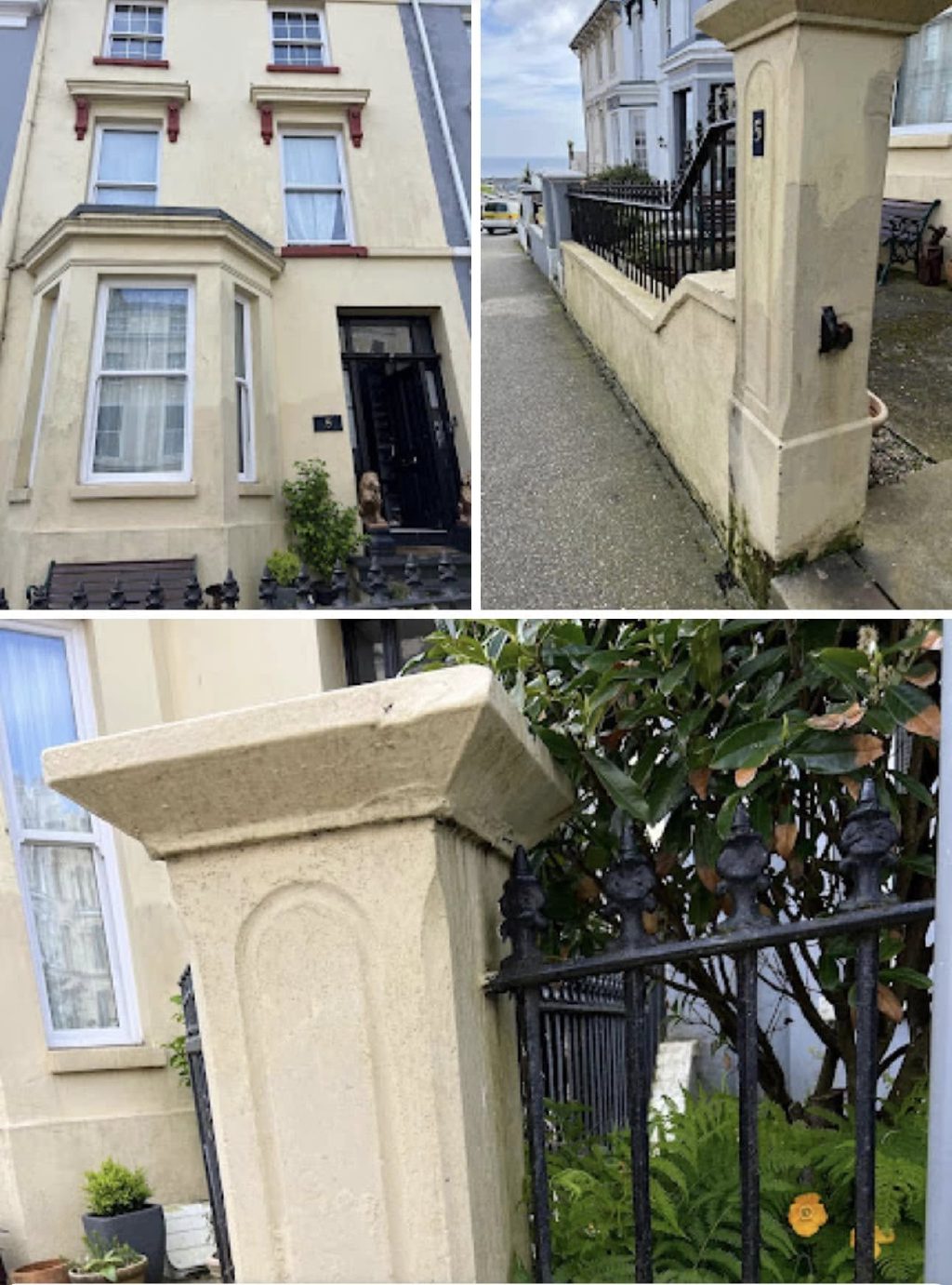 The house before the work — flat cream front, maroon brackets, streaked boundary wall and gate pier
