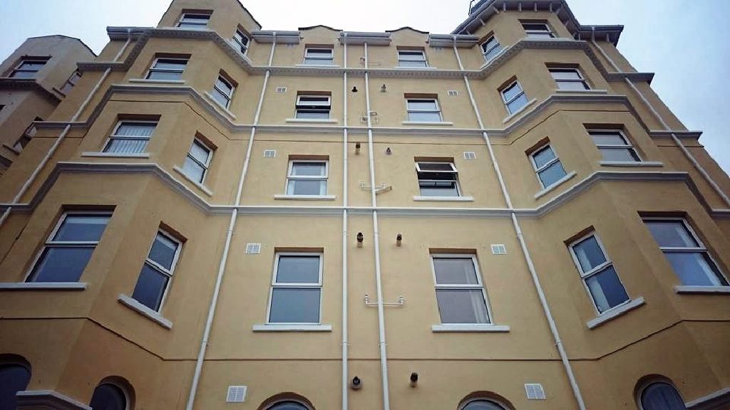 The refurbished facade of Piccadilly Court, ochre render and white details