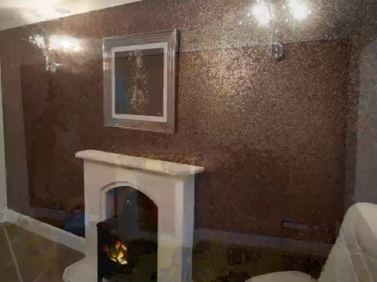 The feature wall seen from the side of the room