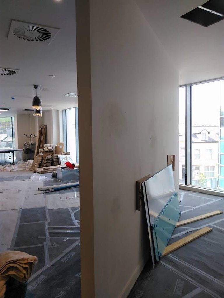 Plasterboard walls ready in the new office space