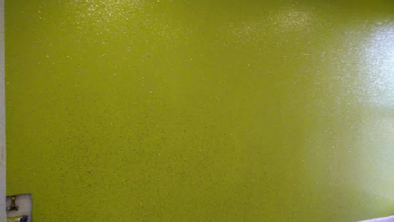 The lime green wall freshly finished, still an empty room