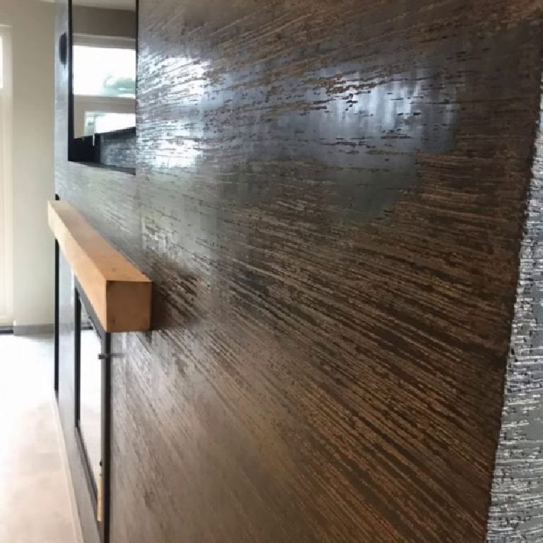 The floating oak shelf against the texture