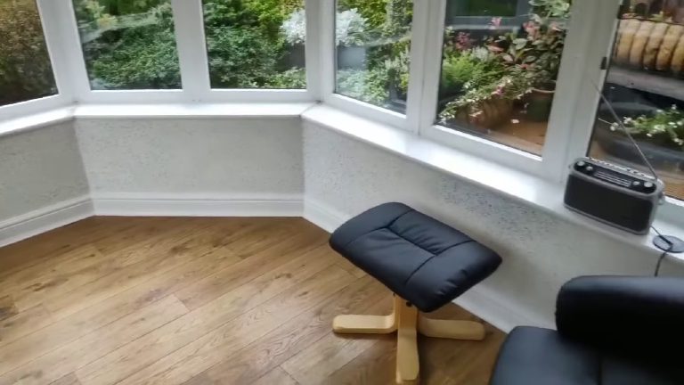 The conservatory wall below the window sill, garden beyond the glass
