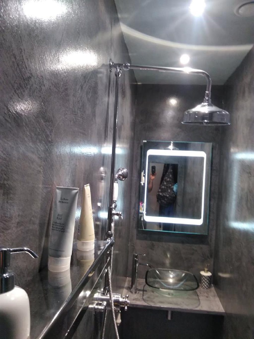 The finished wet room, seamless from floor to ceiling