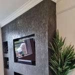 The pure nickel feature wall with the recessed television and the fire below