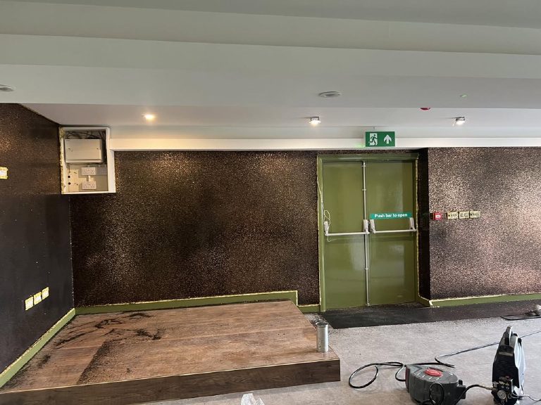 The feature wall running the width of the room and returning past the fire door