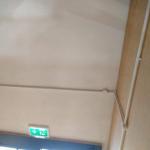 The corked lobby ceiling, clean and dry