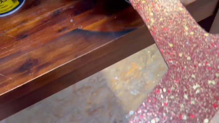The edge of a tail feather against the dark timber bench