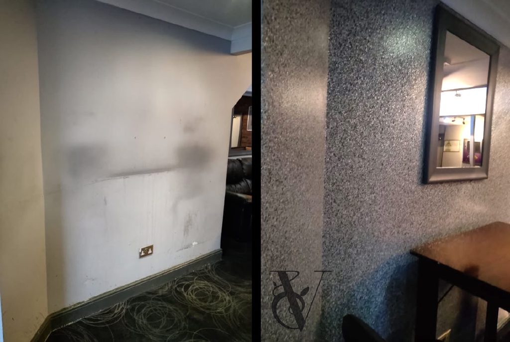 Before and after side by side — the dirt-marked painted wall on the left, the Ilumitextra finish on the right